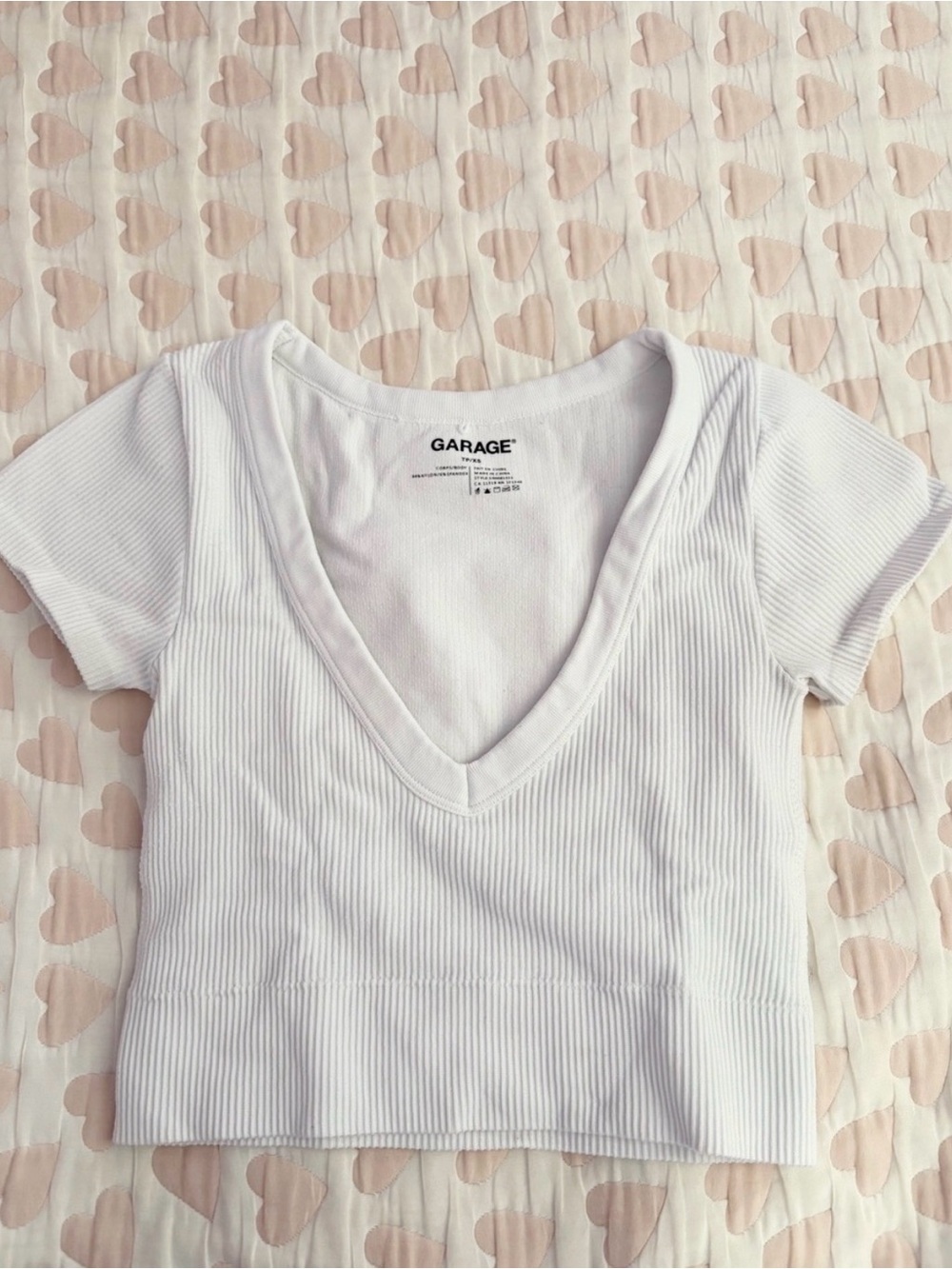 Garage White Ribbed V-Neck Crop Tee
